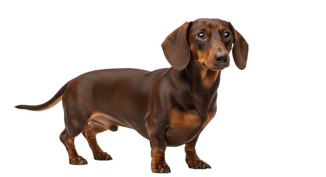 Isolated sleek dachshund with smooth dark brown coat standing attentively facing forward