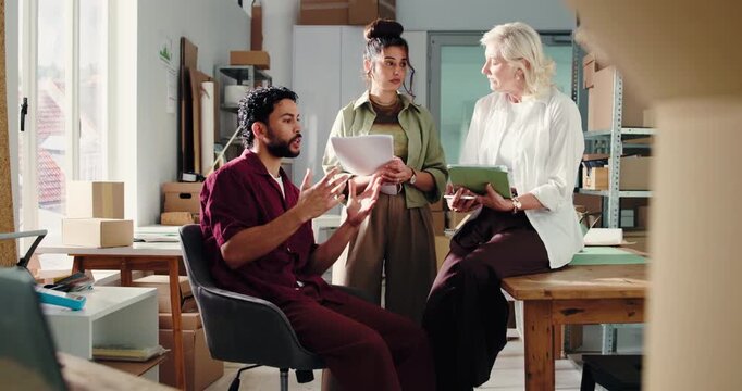 People, tablet and meeting with document for logistics, storage or supply chain distribution in small business. Team, discussion and support with supplier for startup collaboration or freight service