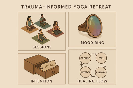 Trauma-informed yoga retreat: sessions, mood ring, intention, healing flow