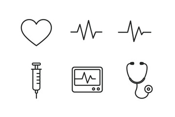 Healthcare icons: heart, ekg, syringe, monitor, stethoscope