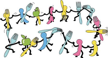 Dancing Utensils and Fruits Forming a Circle in a Playful Cartoon Style