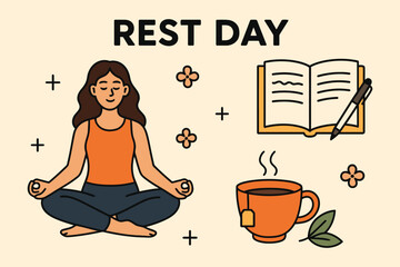 Woman meditating enjoying a peaceful rest day with tea and book