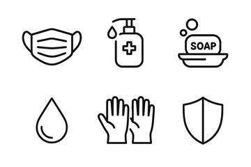 Essential hygiene icons: mask, hand sanitizer, soap, water, gloves, shield