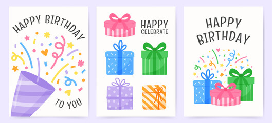 Colorful birthday greeting cards with gift boxes, ribbons, and festive confetti. Bright cartoon style illustration for party invitation, celebration design, or holiday decoration