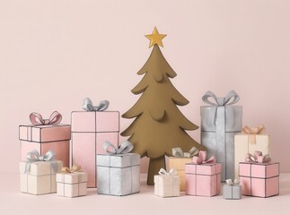 Obraz premium Festive holiday scene featuring a wooden Christmas tree and several wrapped gifts in silver and pink. A minimalist, elegant aesthetic perfect for seasonal promotions.