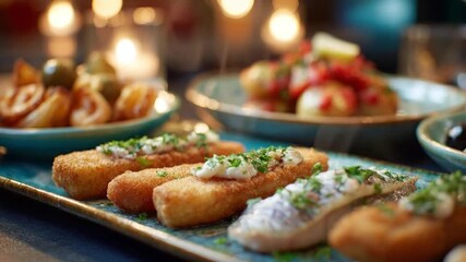 An inviting spread of diverse appetizers, showcasing crispy golden-brown fried selections topped with creamy sauce and fresh green herbs, artfully presented alongside delicate marinated fish pieces on