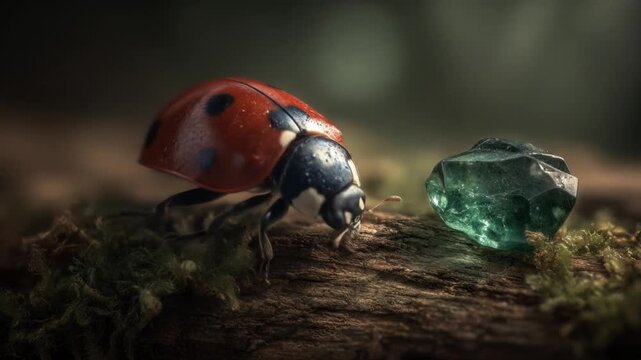 A ladybug and a glowing emerald gemstone rest on a mossy log with blurred, bokeh-rich background