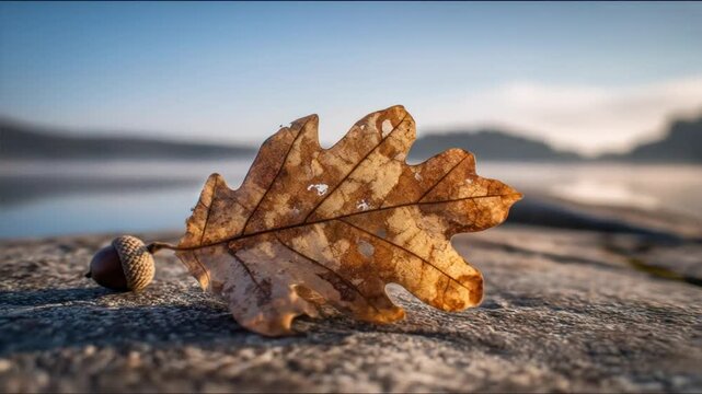 A weathered oak leaf and an acorn rest on rough stone. Background features fog and soft light