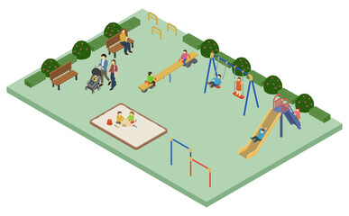 アイソメトリックイラスト：公園で遊ぶ家族