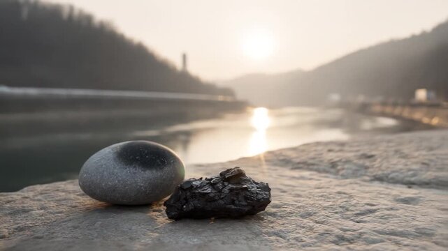 Two stones, smooth and jagged, rest upon a surface against a hazy, sunlit landscape