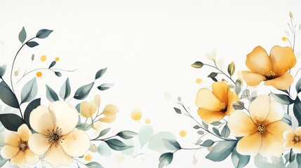 11.A charming watercolor floral arrangement with golden-hued flowers and subtle green foliage, artistically framed along the edges, creating a sophisticated and airy botanical border.