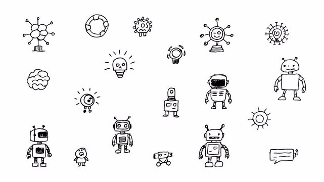 Hand-drawn doodle animation of robots and futuristic AI icons, black line sketches with alpha channel on transparent background.