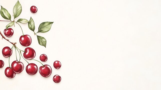 98.Elegant and clean vector depiction of cherries in a hand-drawn sketch style, with a muted color palette and a slight vintage texture, presented as an organic food illustration on a simple white