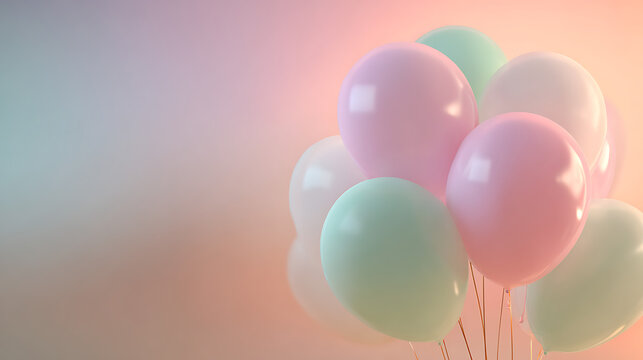 Pastel colored balloons floating against a soft gradient background pink mint green