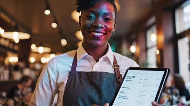 Waitress wearing an apron and professional attire holding a digital tablet with a menu screen in a bustling restaurant, presenting innovative ordering technology and modern hospitality
