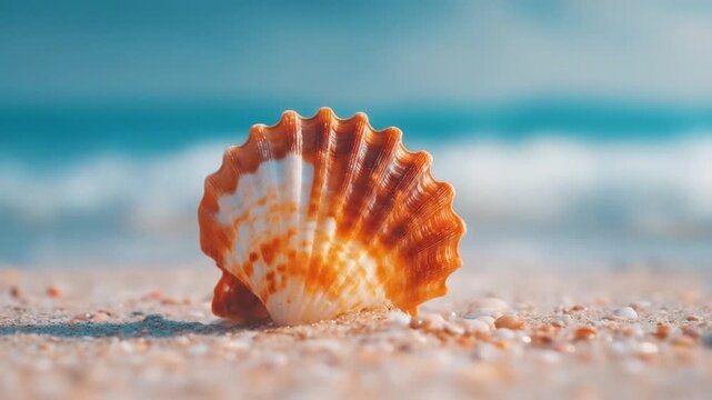 A close-up shot of a seashell on the sandy beach, ocean in the background