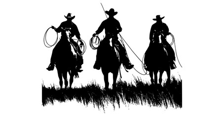 three silhouettes of cowboys riding horses in a grassy fieldblack, cowboy, cowboy hat, gun, horse, horseback, illustration, lasso, man, person, profile, ride, rodeo, rope  © Alloca Design Studio