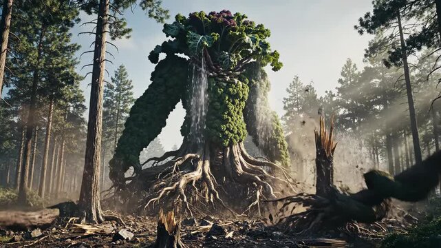 Powerful broccoli golem monster rising from the earth, causing rocks and dirt to explode outwards in a dense pine forest setting, symbolizing unstoppable force of nature