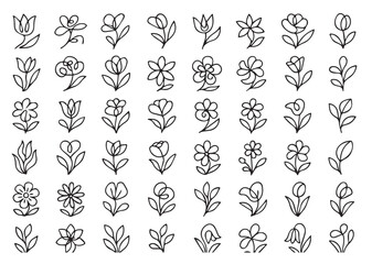 Minimalist Floral Doodles Line Art Vector Set. Hand Drawn Botanical Flower and Leaf Elements for Logo and Design.
