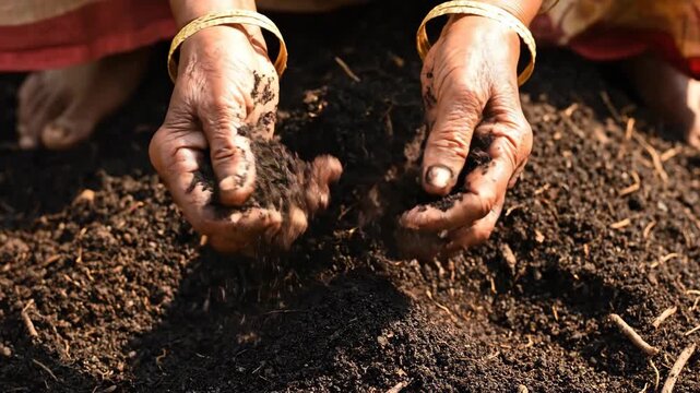Woman hands with bangles sifting rich dark soil, representing agriculture, organic growth, nature connection, sustainability, and fertile earth ready for planting new life