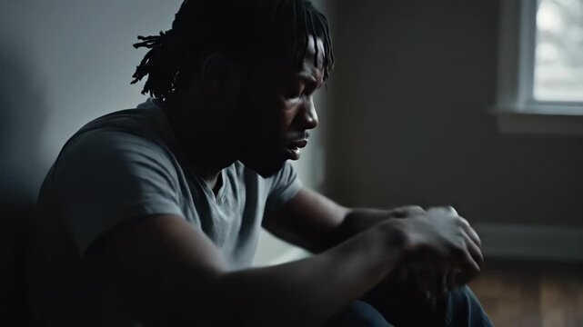Young man sitting alone in a dimly lit room, reflecting on difficult feelings of loneliness, stress, and despair, representing mental health issues and emotional pain - Powered by Adobe