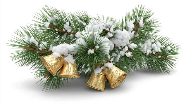 Snowy green pine and gold bells holiday decoration