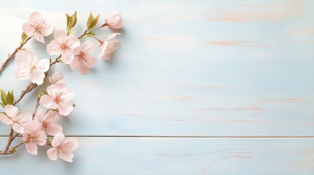 80.Harmonious floral vector design featuring lush pink sakura branches draped across a lightly distressed blue wooden panel, gentle gradients and soft lighting adding depth and warmth