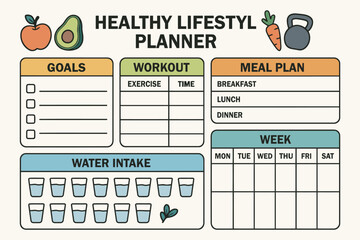 Healthy lifestyle planner with goals workout meal plan and water intake tracker