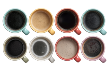 Collection of different colored and styled mugs cups with hot drinks isolated on transparent background cutout.