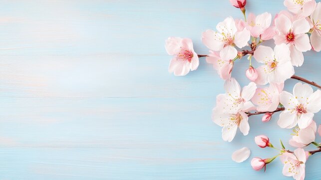 78.Beautifully illustrated cherry blossom motif with hand-drawn floral details, soft pink petals lightly resting on a textured blue wood background, perfect for invitations and seasonal branding