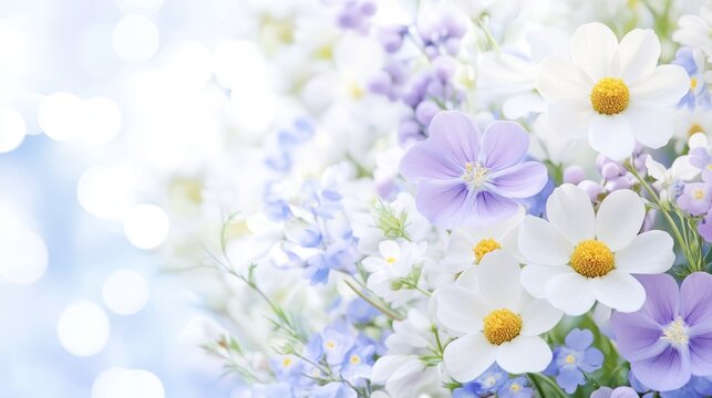 4.Close-up macro shot of delicate chamomile flowers and purple wild peas bathed in soft morning light, with a dreamy bokeh effect in a cool blue color palette, evoking a peaceful and ethereal