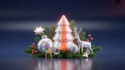 Modern glowing Christmas tree with ornaments and reindeer figures on dark reflective background
