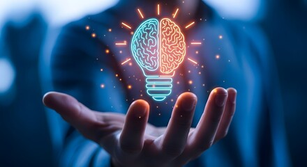 Creative idea and innovation concept with lightbulb and brain in hand