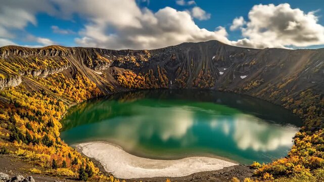 Volcanic caldera showcasing the cold blue waters of oskjuvatn lake and the smaller viti crater, surrounded by snow-capped mountains and ice formations under a cloudy sky
