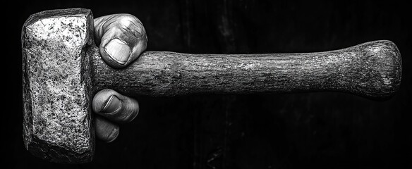 A monochrome, close-up of a human hand firmly grasping a weathered, vintage sledgehammer
