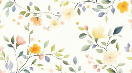 58.Exquisite seamless botanical pattern featuring wildflowers, roses, and delicate vines intertwined in an airy, romantic composition, soft watercolor hues blending elegantly for a dreamy effect
