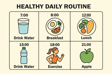 Healthy daily routine infographic showing meals water exercise and apple