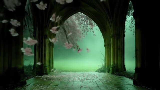 A gothic arch frames a misty green landscape, cherry blossoms fall in a ethereal, dreamlike scene