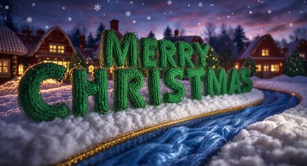 Merry Christmas 3D text in snowy village at dusk.