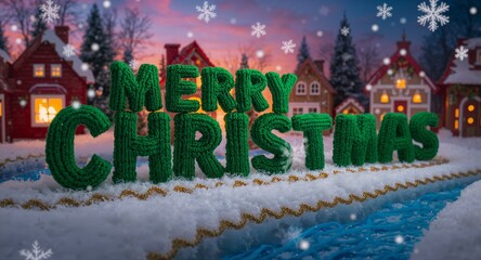 Magical winter village with Merry Christmas typography.