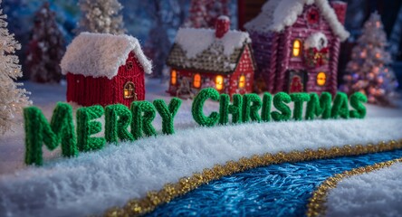 Merry Christmas message in winter wonderland village.