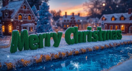 Snowy town backdrop with Merry Christmas sign and snowflakes. 