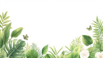 22.A vibrant tropical background featuring an intricate arrangement of lush green foliage, exotic palm leaves, and delicate floral accents, forming a rich botanical border with a jungle-inspired