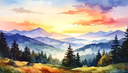 Watercolor Mountain Landscape at Sunset - Serene Nature Art.