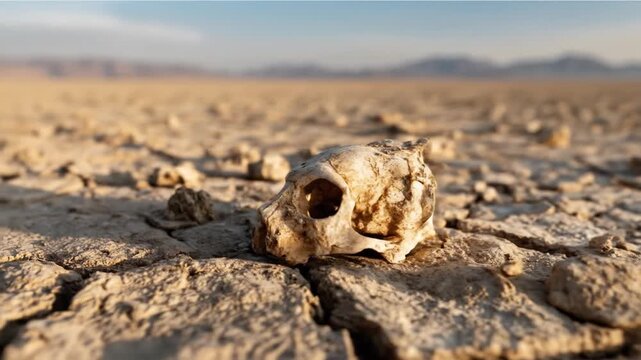A weathered animal skull rests on cracked earth under a wide, cloudless sky