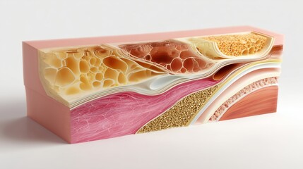 Detailed cross-section model showing layers of skin, fat, and connective tissues in human anatomy