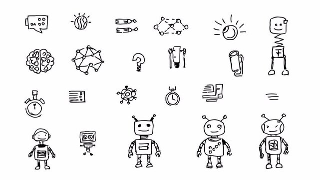 Hand-drawn doodle animation of robots, neural networks, and futuristic AI icons, black line sketches with alpha channel on transparent background.