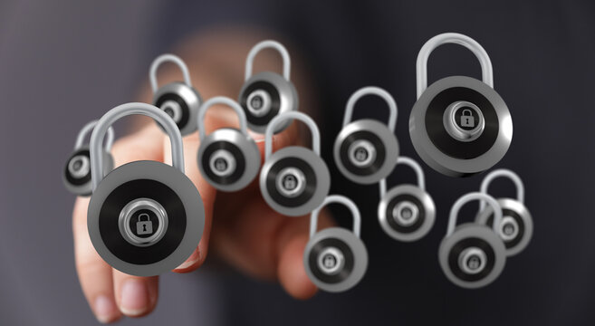 Hand touching digital padlocks. Representing security, protection, and data privacy concept. Shielding personal