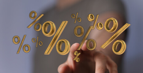 Person's hand reaching towards floating gold percent symbols, representing finance, business,...