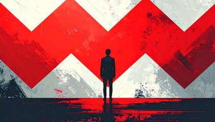 Silhoutte of a business man in front of a grunge wall with a red zigzag, symbolizing business challenge, strategy, decision making, risk management, leadership under pressure, illustration
